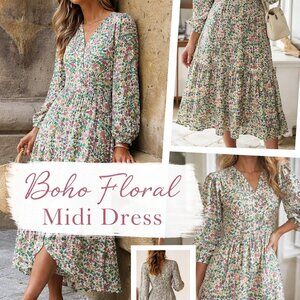 🌸 Boho Floral Puff Sleeve Midi Dress | Size S | NWT 🌸